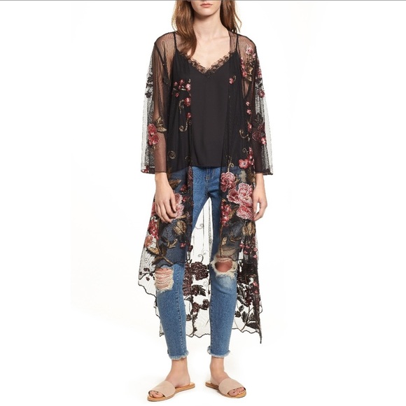 Band of Gypsies Sunset Sheer Embroidered Kimono In Black/ Rose - Picture 13 of 16